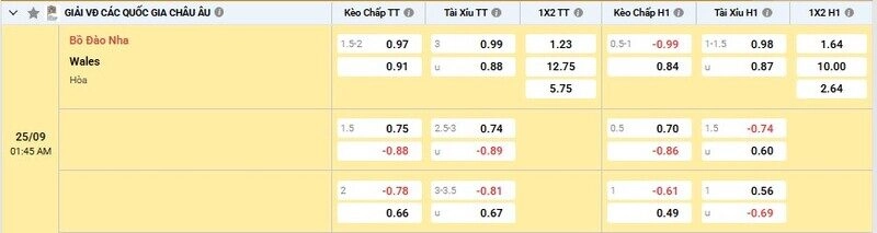 Bảng tỷ lệ kèo trận Bồ Đào Nha vs Wales 